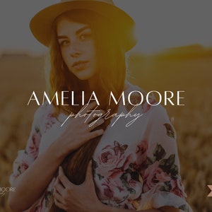 以下が含まれることがあります： 花柄のドレスと茶色の帽子をかぶった女性。白い文字で「Amelia Moore Photography」と書かれている。