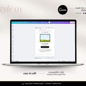May include: A laptop screen displaying a Canva template for a thank you email. The template features a green landscape with a cloud and the text "Thank you for your purchase".