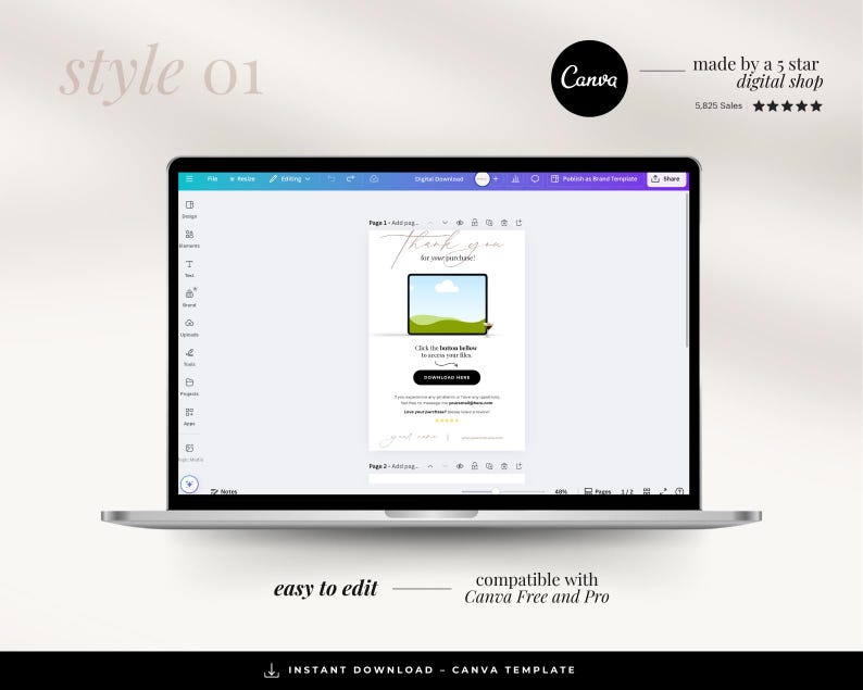 May include: A laptop screen displaying a Canva template for a thank you email. The template features a green landscape with a cloud and the text "Thank you for your purchase".