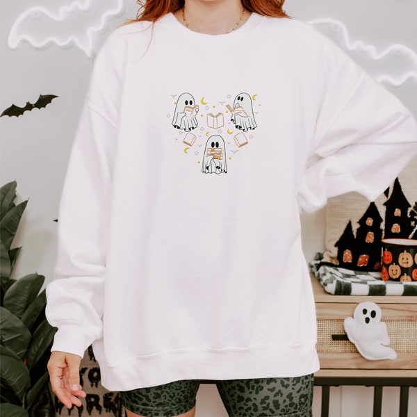 Embroidered Ghost Book Sweatshirt, Read More Booooks Sweatshirt, Fall Crewneck, Book Lover sweatshirt, Spooky Season Pullover, Ghost reading