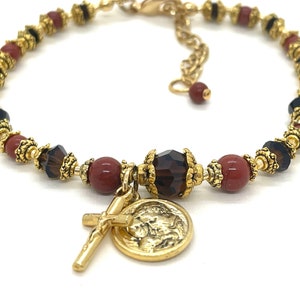 Red Jasper & Swarovski Adjustable Protection Rosary Bracelet for Weddings, Communions, Confirmations, Quinceneras, Sweet 16, Birthdays