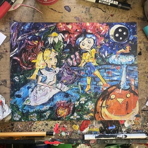 May include: An original painting featuring characters from Alice in Wonderland and Coraline. Alice is in a blue dress, and Coraline is in a yellow raincoat. The painting has a vibrant color palette with a whimsical and surreal theme.