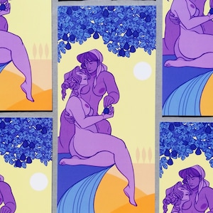 May include: Two figures, one with a headscarf, are depicted in a purple and blue color scheme. They are sitting under a tree with blue leaves and purple fruit. The background is a yellow and orange landscape.