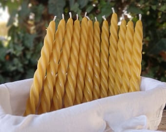 Set of 12 Natural Beeswax Candles - Handmade Twist Taper Candle stick - Spiral Candlestick - Dinner Candle - Dripless Candles - Thin candles