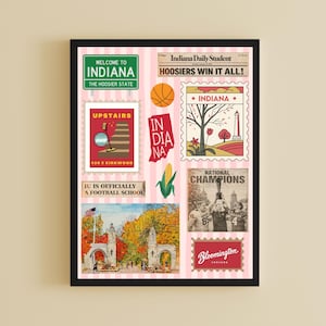 May include: A framed collage print featuring Indiana University themes, including a green sign, a red 'Upstairs' graphic, a basketball, a corn stalk, a vintage newspaper headline, a postage stamp illustration, and a photo of football players.