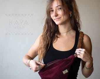Corduroy Leather Moonbag | Bum Bag | Wine Red Black Blue | Handmade