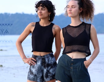 Viskose Shorts | Kurze Hose | highwaist | mit Knöpfen | Batik | Einfarbig