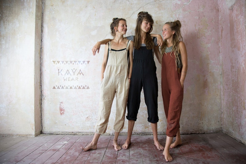 Dungarees Jumpsuit Boho Handmade Black Natural Rust Red Curry Blue Gray image 1