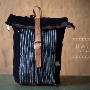 Black Corduroy Rolltop Backpack Natural Tanned Buffalo Leather Boho Handmade Travel