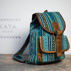 Sac à dos en cuir de buffle au tannage naturel coton turquoise