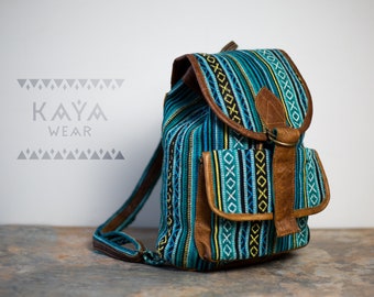 Backpack naturally tanned buffalo leather cotton turquoise