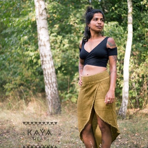 Tulip skirt green natural cotton handmade boho leg slit image 3