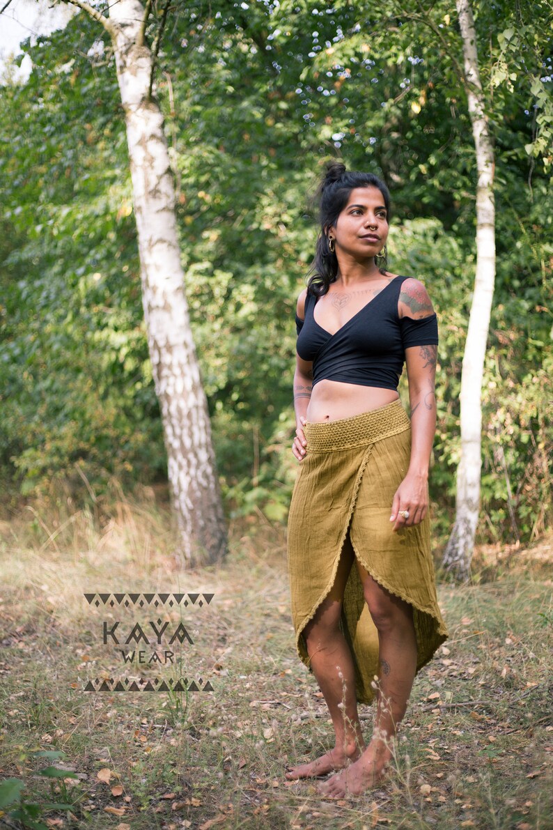 Tulip skirt green natural cotton handmade boho leg slit image 3