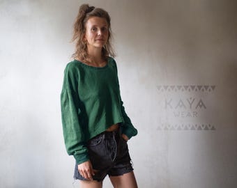 Sweter bawełniany | Asymetryczny nadruk w bloki w kolorze boho zielony