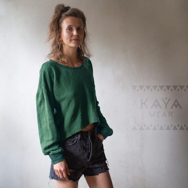 Cotton sweater | Asymmetrical block print Boho green