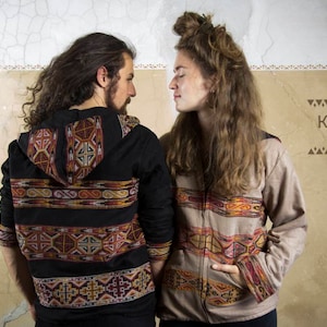 Jacket Black Beige Ethno Border Hoodie Festival Boho S M L XL