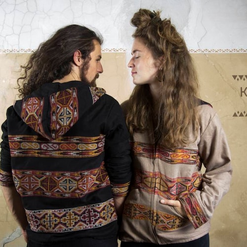 Jacket Black Beige Ethno Borte Hoodie Festival Boho S M L