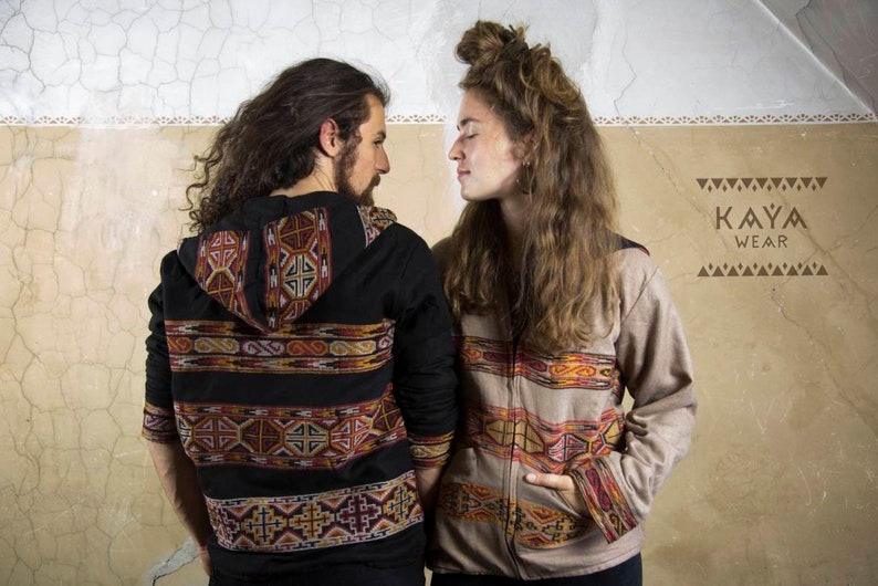 Chaqueta Negro Beige Ethno Border Sudadera con capucha Festival Boho S M L XL imagen 1