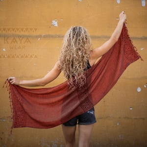 Cotton scarf hand-printed curry beige rust blue-grey