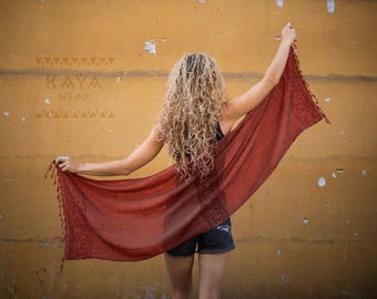 Hand-printed cotton scarf in curry, beige, rust, and blue-grey.