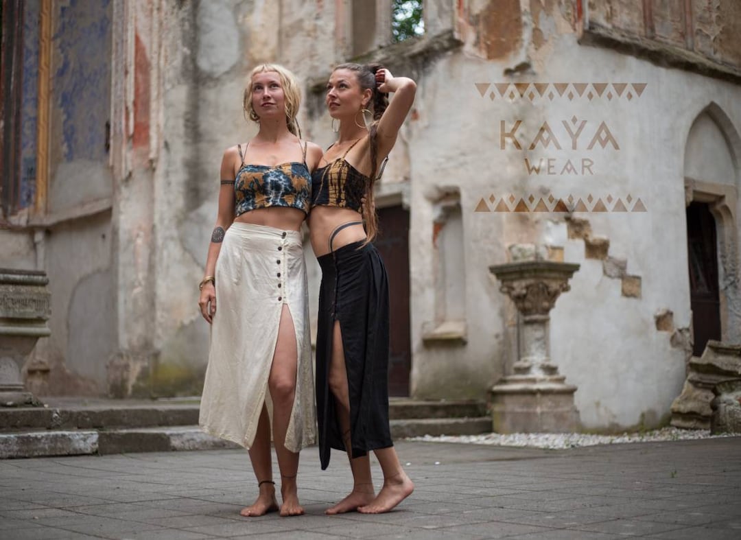 Jupe boutonnée fendue sur la jambe Boho Noir Vert Naturel Marron