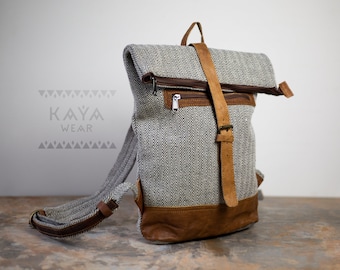 Hemp cotton rolltop backpack naturally tanned buffalo leather handmade