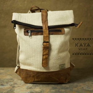 Hemp cotton roll top backpack naturally tanned buffalo leather handmade