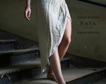 Tulip skirt green natural cotton handmade boho leg slit