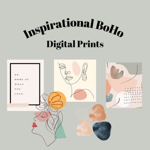 May include: Digital prints with an inspirational boho theme. The image features three art prints with line drawings of faces and abstract shapes in neutral colors. One print has the text "DO MORE OF WHAT YOU LOVE."