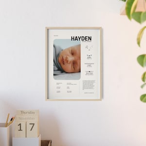 Póster de estadísticas de nacimiento con marco de madera, regalo para recién nacidos, decoración de habitación infantil de género neutro, elementos lunares astrológicos, estadísticas de bebé personalizadas