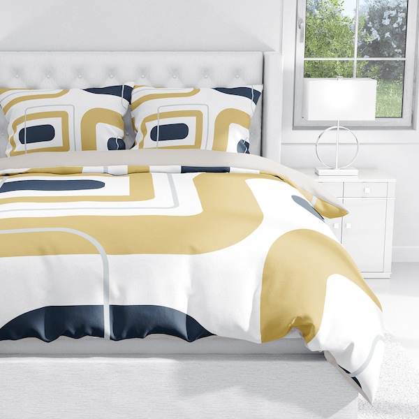 Mid-Century Modern Duvet Cover, Abstract Minimalist Bedding, Geometric, Boho, Gold, Navy, Scandi, Nordic, Bedroom Decor, King, Queen, Twin