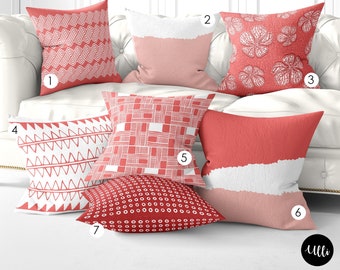 Ethnic Tribal Coral and White Pillow Cover, Coral Hand drawn Ankara Bohemian Throw Pillow, Coral Abstract Pillow Sham, Coral Accent Pillow