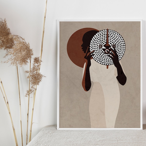 African American Woman Print, Black Woman Art, Minimalist, Tribal, Mask, Earth Tones, Girl, Moon, Print, Gift, House Warming, Side Profile