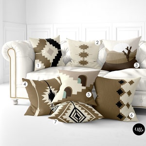 May include: Six decorative throw pillows with geometric patterns in shades of brown, beige, and black. The pillows are arranged on a white couch.