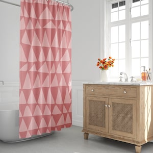 Mid-Century Pink Minimalist Abstract Triangle shower Curtain - Tribal Zig Zag Shower Curtain, Contemporary Bath Decor