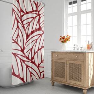 Rideau de douche Mid-Century, Rideau de bain rouge, Tropical, Feuilles, Botanique, Minimaliste, Abstrait, Moderne, Plantes, Feuillage, Contemporain