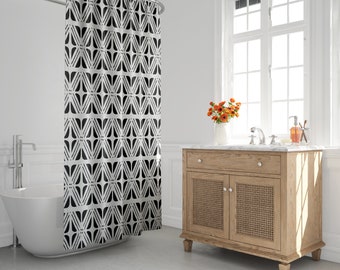Wit & Zwart Boho Douchegordijn, Modderdoek Badgordijn, Abstract, Tribal, Kuba, Minimalistisch, Chevron, Diamant, Geometrisch, Badkamer Decor