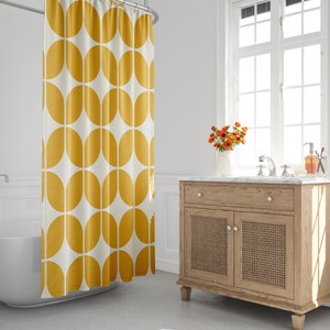 Yellow & Beige Mid-Century Modern Shower Curtain, Retro Bath Curtain, Minimalist, 1970s, Abstract, Geometric, Contemporary, Bath Decor