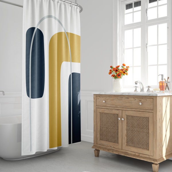 Mid-Century Modern Shower Curtain, Boho Bath Curtain, Minimalist, Abstract, Rainbow, Arch, Geometric, Shapes, Contemporary, House Warming