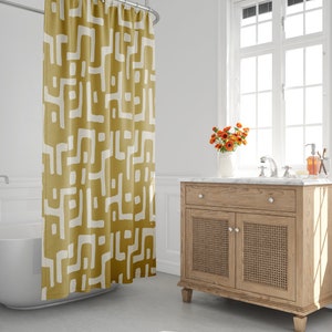 Yellow & White Mud Cloth Shower Curtain, Boho Shower Curtain, Abstract, Tribal, Kuba Cloth, Minimalist, African Print, Bath Room Decor