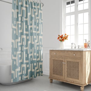 Blue & Beige Boho Shower Curtain, Mud Cloth Shower Curtain, Abstract, Tribal, Kuba Cloth, Minimalist, African Print, Bath Room Decor