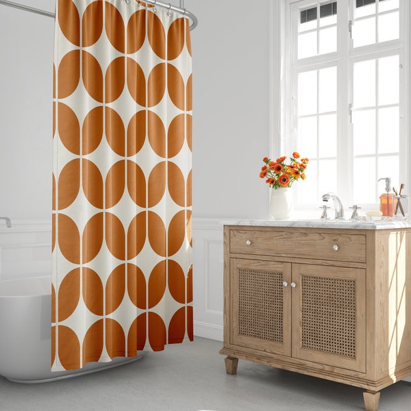 Orange & Beige Mid-Century Modern Shower Curtain, Retro Bath Curtain, Minimalist, 1970s, Abstract, Geometric, Contemporary, Bath Decor