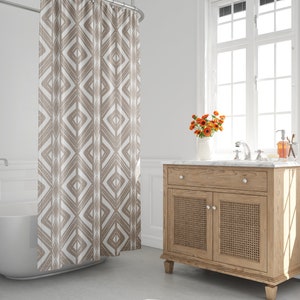 Beige & White Boho Shower Curtain, Mud Cloth Bath Curtain, Abstract, Tribal, Kuba, Minimalist, Chevron, Diamond, Geometric, Bath Room Decor