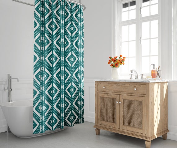 Turquoise White Boho Shower Curtain Mud Cloth Bath Curtain Abstract Tribal Minimalist Chevron Diamond Geometric Bath Room Decor Etsy
