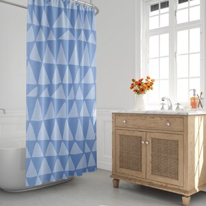 Mid-Century Blue Minimalist Abstract Triangle shower Curtain - Tribal Zig Zag Bath Curtain, Boho Contemporary Bath Decor