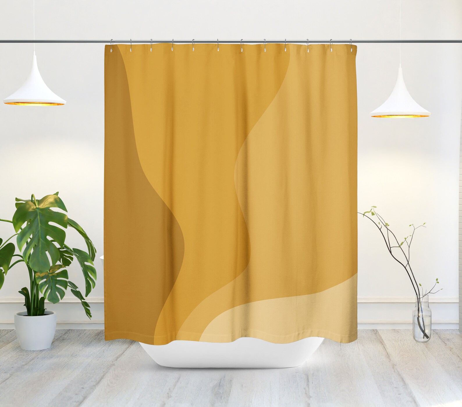 MidCentury Yellow Abstract Wave Minimalist Shower Curtain Etsy