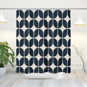 Mid-Century Navy Blue And Beige Minimalist Geometric Shower Curtain Retro Bath Shower Curtain, Modern Bath Decor, House Warming Gift image 2