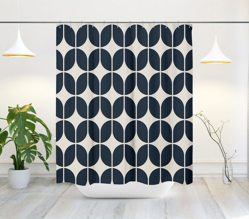Mid-Century Navy Blue And Beige Minimalist Geometric Shower Curtain Retro Bath Shower Curtain, Modern Bath Decor, House Warming Gift image 2