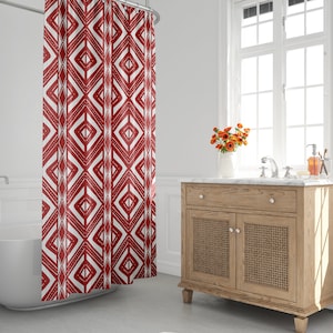 Red & White Mud Cloth Shower Curtain, Boho Shower Curtain, Tribal, Abstract, Kuba Cloth, Kente, African Print, Geometric, Bath Room Decor
