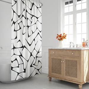 Black & White Mid-Century Modern Shower Curtain, Abstract Bath Curtain,  Minimalist, Hand Drawn, Contemporary Curtain, Modern Bath Decor